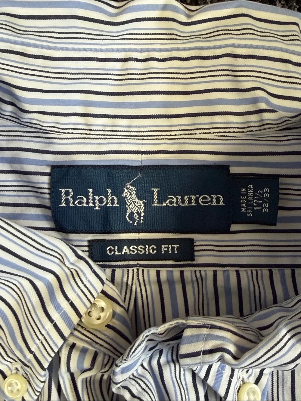 Ralph Lauren Classic Fit Striped Button Down Shirt Blue White Pony Mens 17 1/2